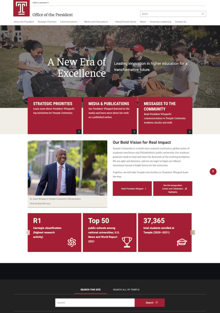screenshot of Temple University new president site 
