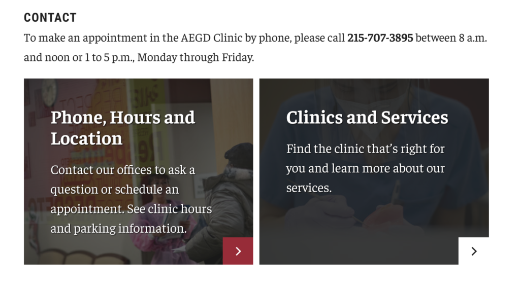 calls-to-action on patient care section leading to phone and clinic information