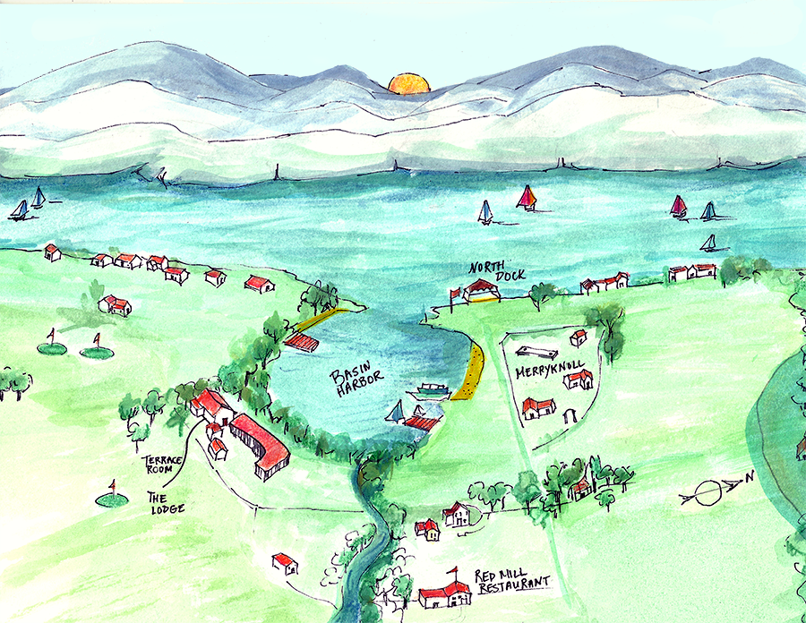 watercolor map of basin harbor resort 